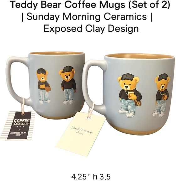 Teddy Bear Coffee Mugs (2) | Sunday Morning Ceramics | Exposed Clay Design - Picture 1 of 3